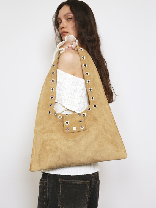 EYELET SUEDE SHOULDER BAG, YELLOWISH BROWN