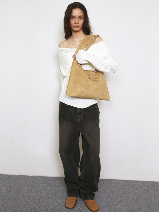 EYELET SUEDE SHOULDER BAG, YELLOWISH BROWN