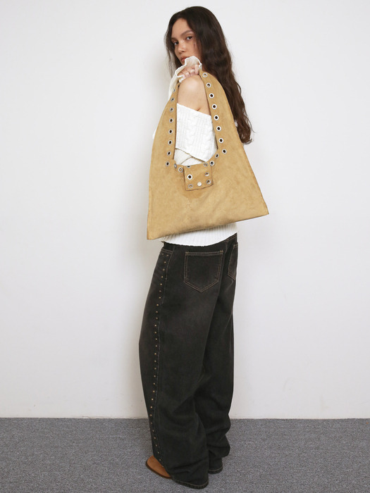 EYELET SUEDE SHOULDER BAG, YELLOWISH BROWN