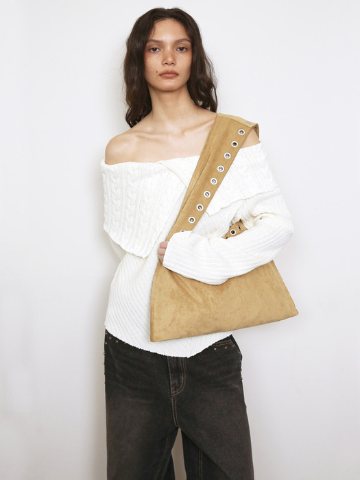 EYELET SUEDE SHOULDER BAG, YELLOWISH BROWN