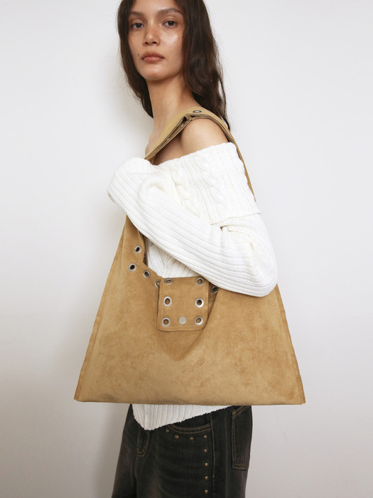 EYELET SUEDE SHOULDER BAG, YELLOWISH BROWN