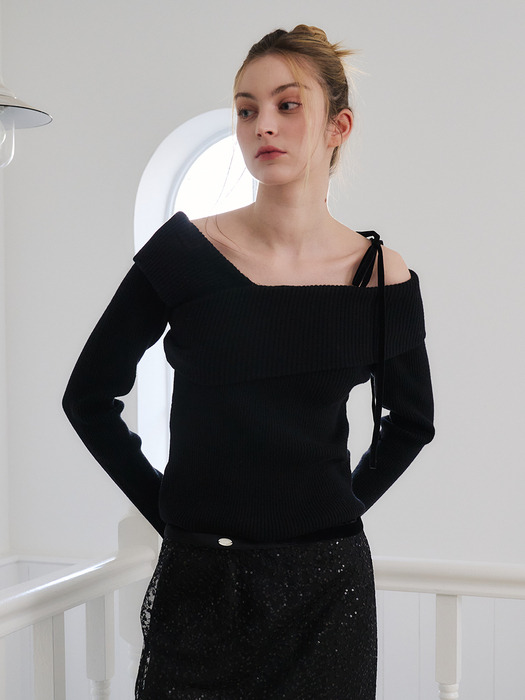 VELVET TIE OFF-SHOULDER KNIT-BLACK