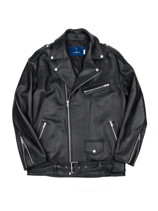 (UNISEX) lambskin oversize rider jacket (Black)