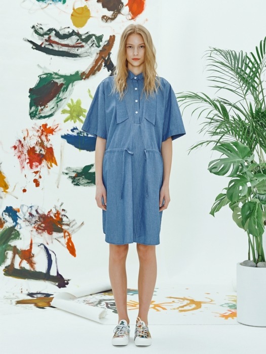 [COINONIA CANVAS] winged chambray dress - washed blue