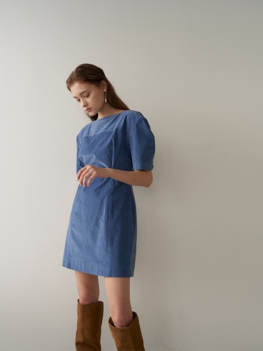 LENA Corduroy Volume Sleeved Dress_Blue