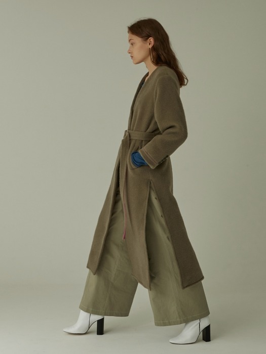 Collar Stitch Wool Coat - Grey Khaki