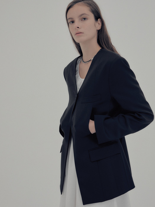 Breast Pocket Collarless Jacket / Dark Navy