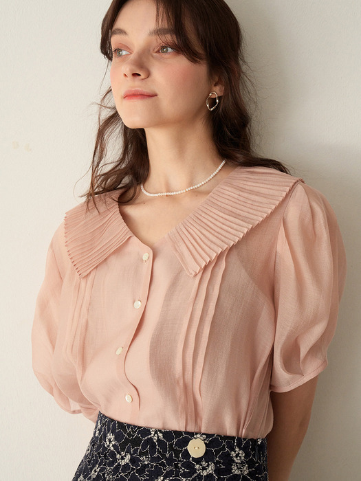 monts 1114 pleats collar sheer blouse (salmon pink)