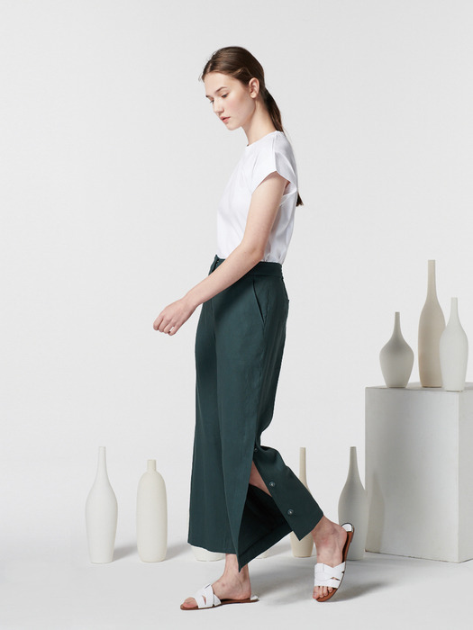 STRETCHY LINEN WIDE PANTS-TEAL GREEN