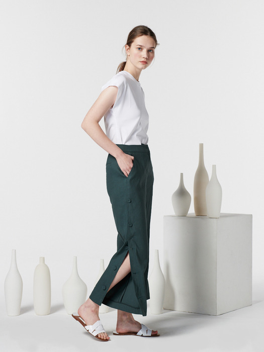 STRETCHY LINEN WIDE PANTS-TEAL GREEN