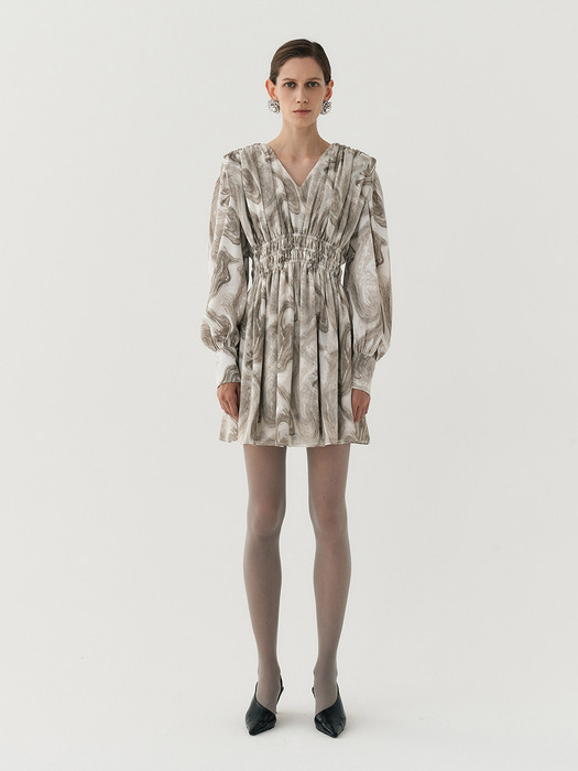 FW20 LONG-SLEEVED MINI DRESS WITH OIL-MARBLING PRINT - GREY MARBLE