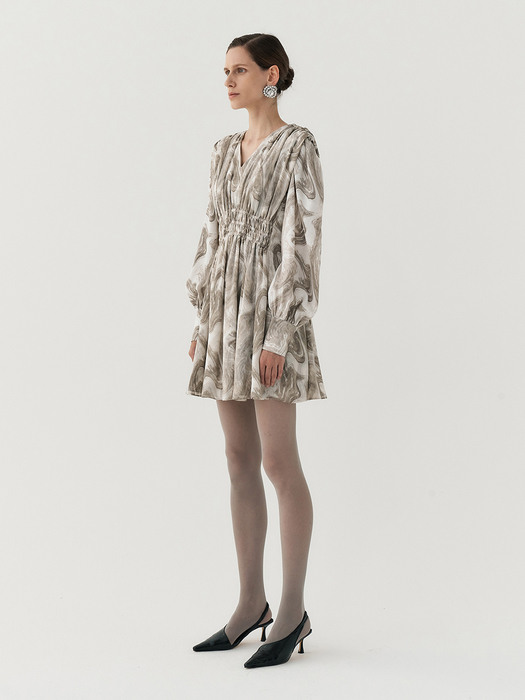 FW20 LONG-SLEEVED MINI DRESS WITH OIL-MARBLING PRINT - GREY MARBLE