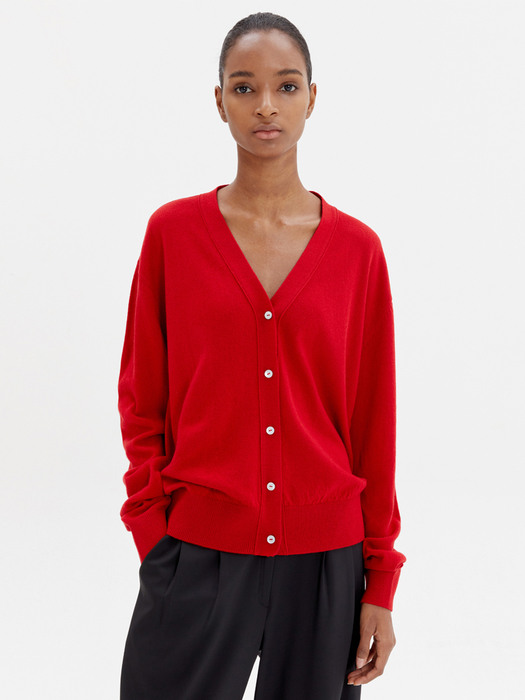 LAMBSWOOL RIBBED-KNIT CARDIGAN RED