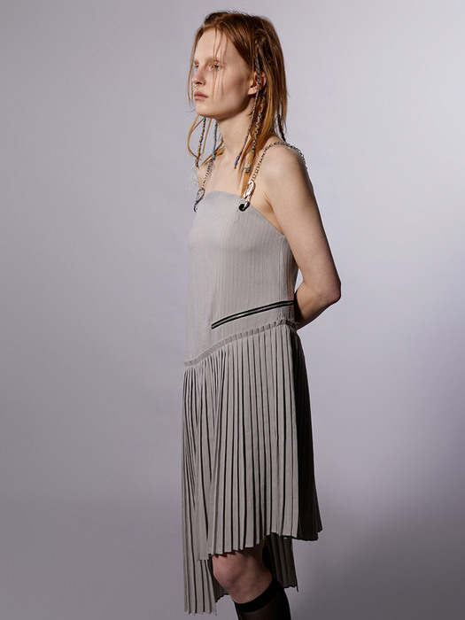 Grey Striped Asymmetric Pleated Dress 