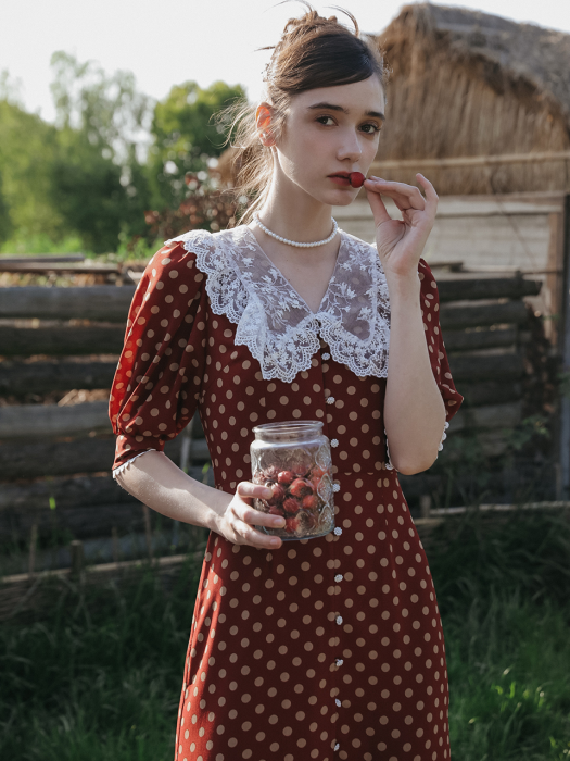 Stitch button lace dot dress