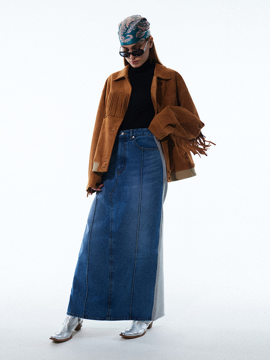 HALF AND HALF DENIM MAXI SKIRT KA [BLUE]