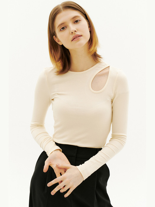 Modal Ribbed Cut Out T-shirts[IVORY]