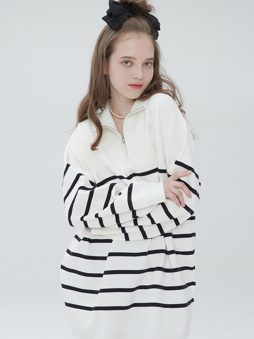 Stripe overfit zip up knit 004 Ivory