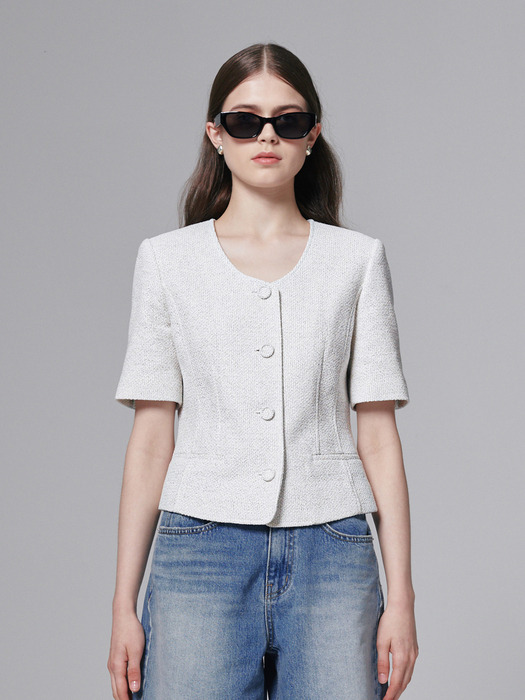 Cotton tweed half sleeve jacket - Off White