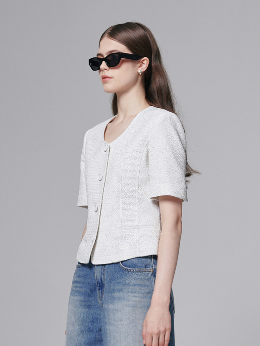 Cotton tweed half sleeve jacket - Off White