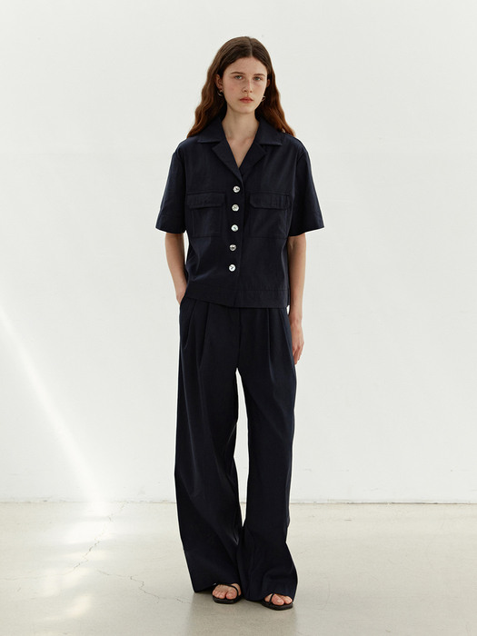 [SET] TWR POCKET BUTTON SHIRT+TWR LINEN TWO TUCK SEMI WIDE PANTS NAVY