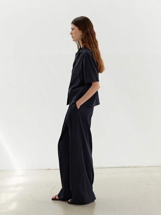 [SET] TWR POCKET BUTTON SHIRT+TWR LINEN TWO TUCK SEMI WIDE PANTS NAVY