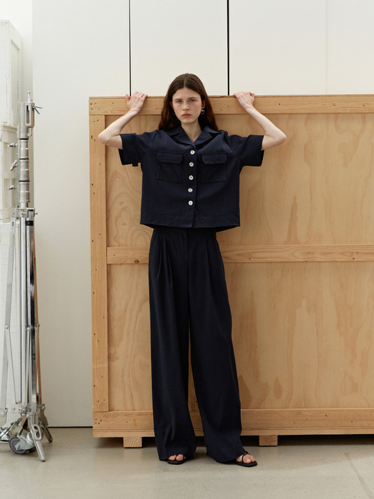 [SET] TWR POCKET BUTTON SHIRT+TWR LINEN TWO TUCK SEMI WIDE PANTS NAVY