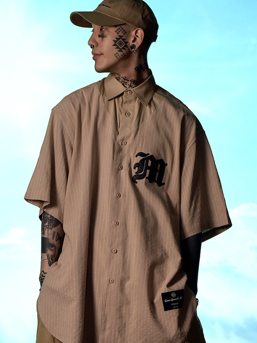 UNISEX Logo Applique Linen-Blend Baseball Shirt (Camel)