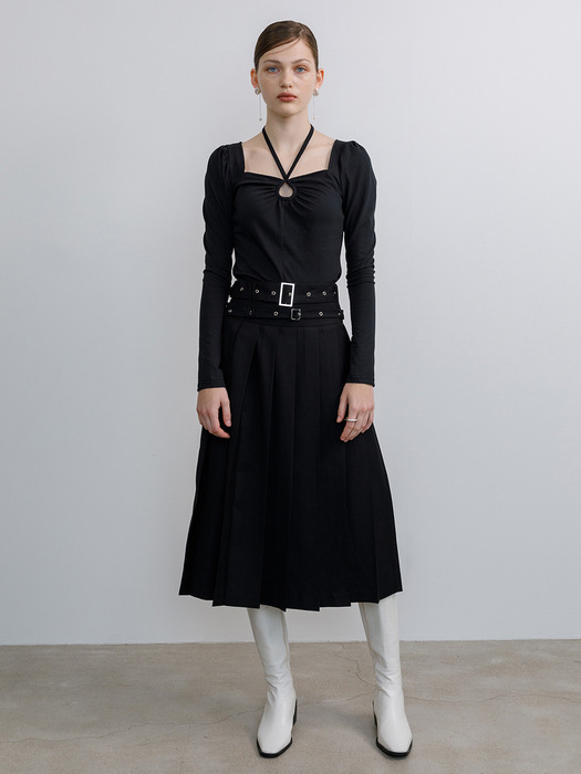Double belted pleats long skirt (black)