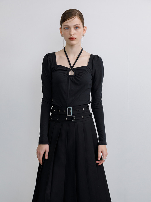 Double belted pleats long skirt (black)