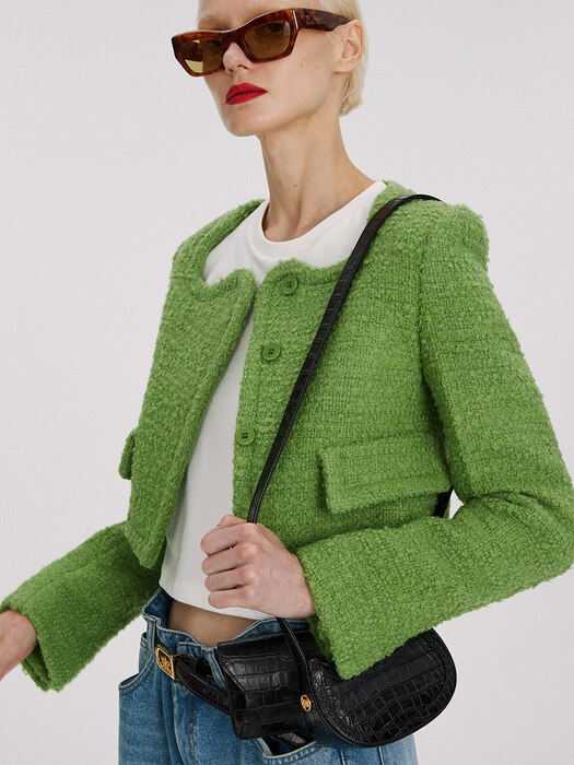 HOLIDAY BOUCLE CURVED NECK CROPPED JACKET (YELLOW GREEN)