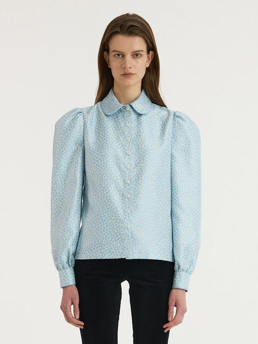 Jacquard Puffed-sleeve Blouse_Blue