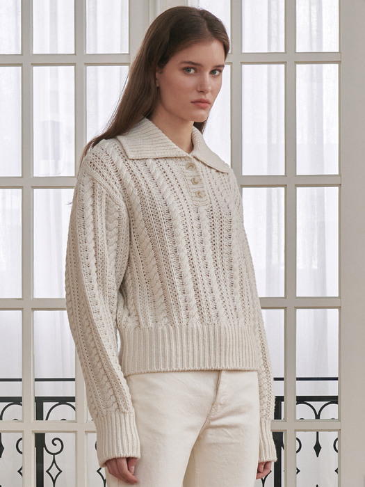 Cable Collar Wool Knit - Ivory