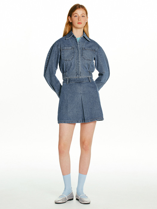 [N][SET]TORINO Denim blouson crop jacket + MAILI A-line denim skirt (Mid blue)