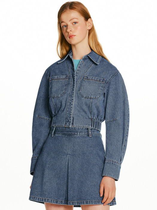 [N][SET]TORINO Denim blouson crop jacket + MAILI A-line denim skirt (Mid blue)
