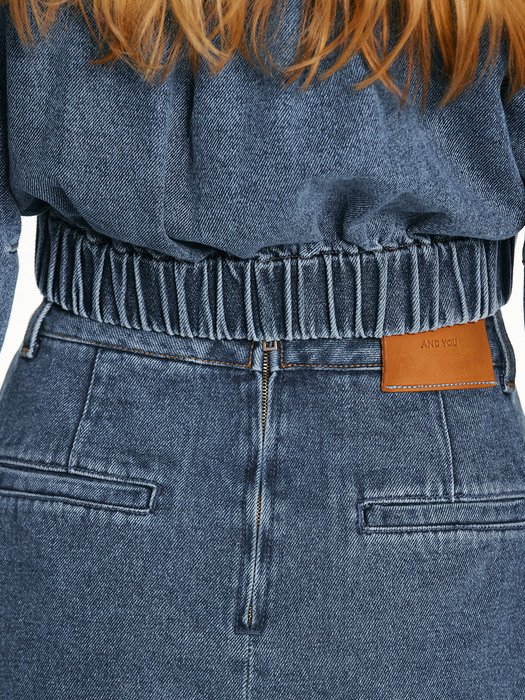 [N][SET]TORINO Denim blouson crop jacket + MAILI A-line denim skirt (Mid blue)