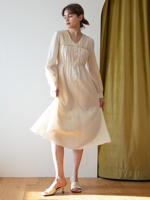 WED_Button v-neck pleated dress_WHITE