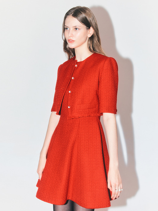 [SET]MAISIE Half sleeve tweed bolero jacket + KENNEDY Sleeveless flared tweed mini dress (Scarlet red)