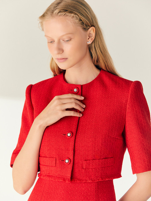 [SET]MAISIE Half sleeve tweed bolero jacket + KENNEDY Sleeveless flared tweed mini dress (Scarlet red)