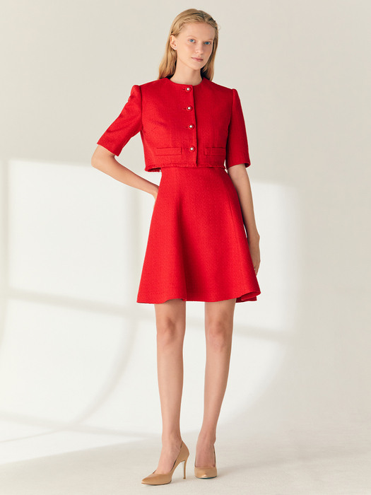 [SET]MAISIE Half sleeve tweed bolero jacket + KENNEDY Sleeveless flared tweed mini dress (Scarlet red)