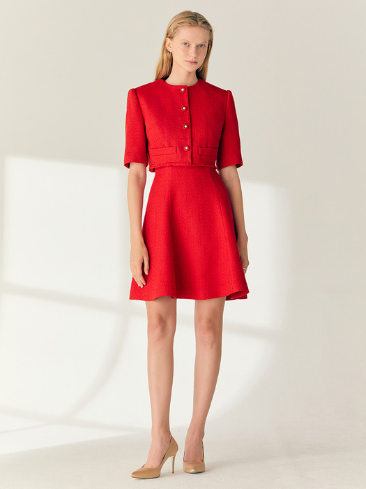 [SET]MAISIE Half sleeve tweed bolero jacket + KENNEDY Sleeveless flared tweed mini dress (Scarlet red)