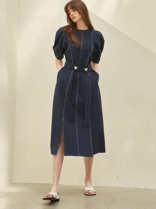 ROUND STITCH LINE BELTED DRESS_NAVY