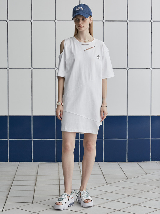 VENEZIA Shoulder Hole Cut-Out Jersey Mini Dress_White