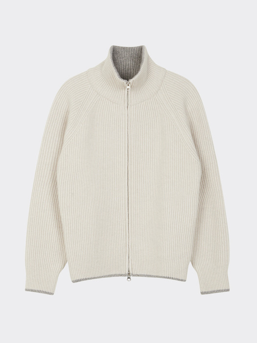 [Women] Wool Cotton Line Ribbed Zip-Up (Light Grey)