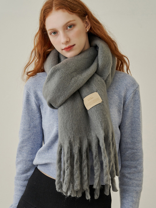 Simple patch wool long muffler - darkgrey