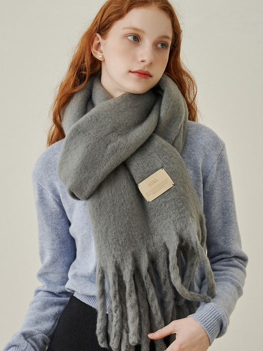 Simple patch wool long muffler - darkgrey