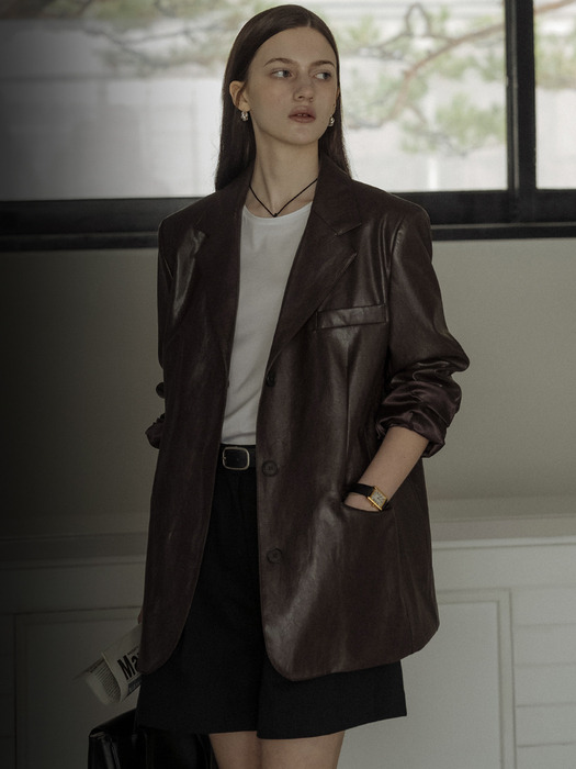 Eco leather classic three button single jacket_Brown