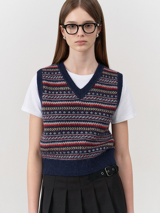 UNISEX CRAFTED V-NECK KNIT VEST NAVY_UDSW4C112N2