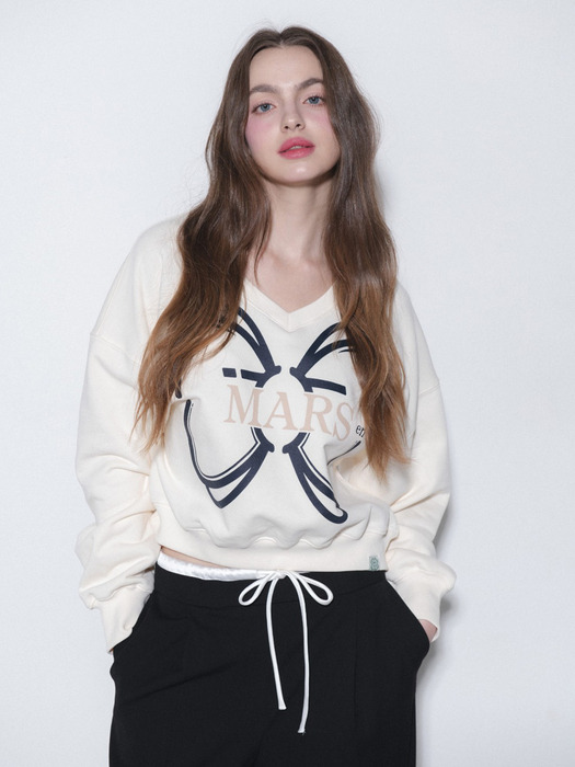 RIBBON V NECK SWEATSHIRT-IVORY