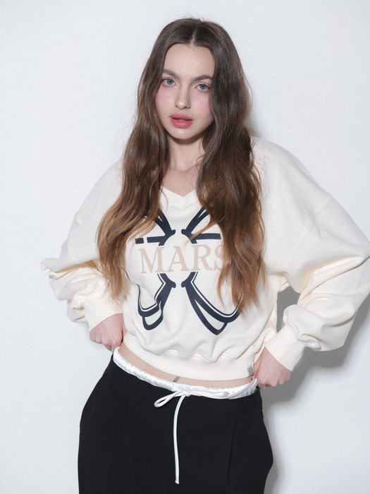 RIBBON V NECK SWEATSHIRT-IVORY